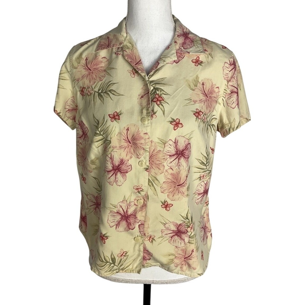 Lizgolf By Liz Claiborne Women's Yellow Pink Floral Short Sleeve Silk Shirt SP